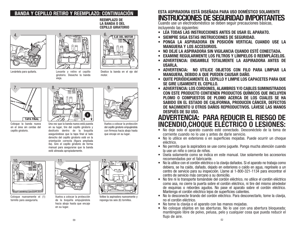 Instrucciones de seguridad importantes, Banda y cepillo retiro y reemplazo: continuación | Dirt Devil 1-113217-000 User Manual | Page 13 / 16