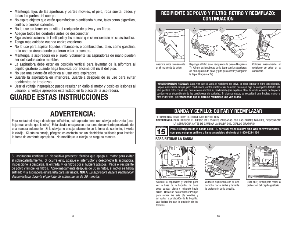 Advertencia, Guarde estas instrucciones, Banda y cepillo: quitar y reemplazar | Dirt Devil 1-113217-000 User Manual | Page 14 / 16