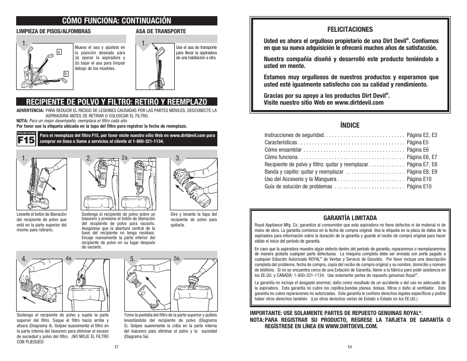 Índice, Felicitaciones | Dirt Devil 1-113217-000 User Manual | Page 15 / 16