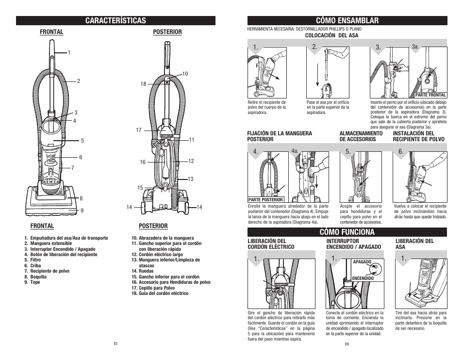 Cómo ensamblar cómo funciona, Características | Dirt Devil 1-113217-000 User Manual | Page 16 / 16