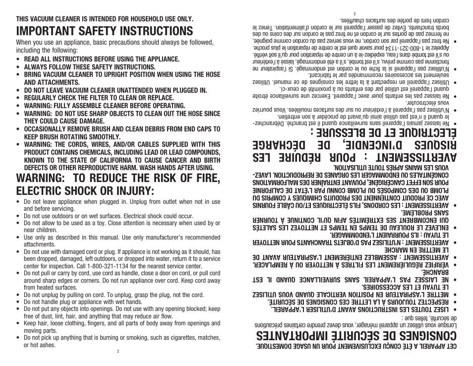 Important safety instructions, Consignes de sécurité importantes | Dirt Devil 1-113217-000 User Manual | Page 2 / 16