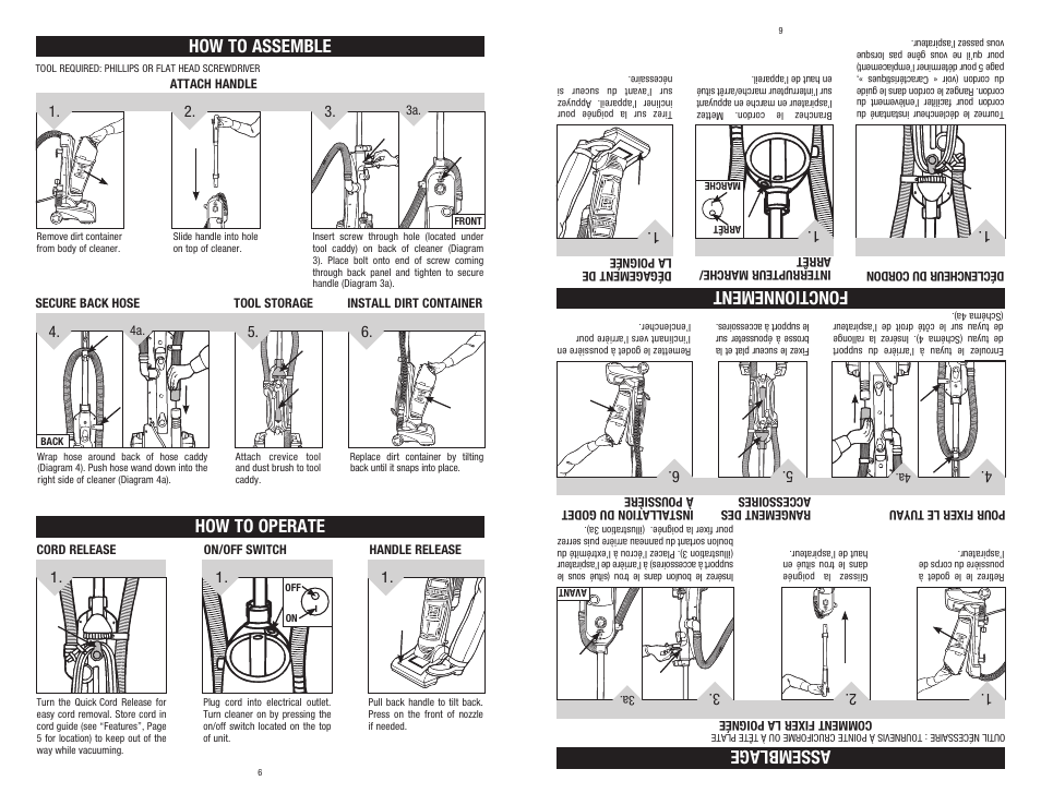 How to assemble assemblage how to operate, Fonctionnement | Dirt Devil 1-113217-000 User Manual | Page 6 / 16