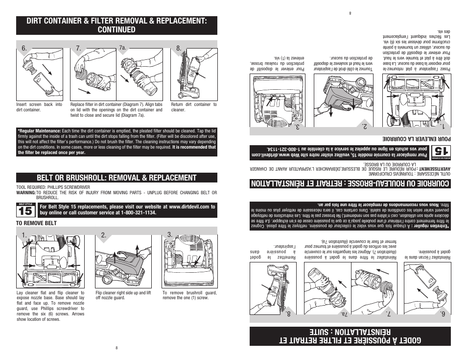 Belt or brushroll: removal & replacement | Dirt Devil 1-113217-000 User Manual | Page 8 / 16