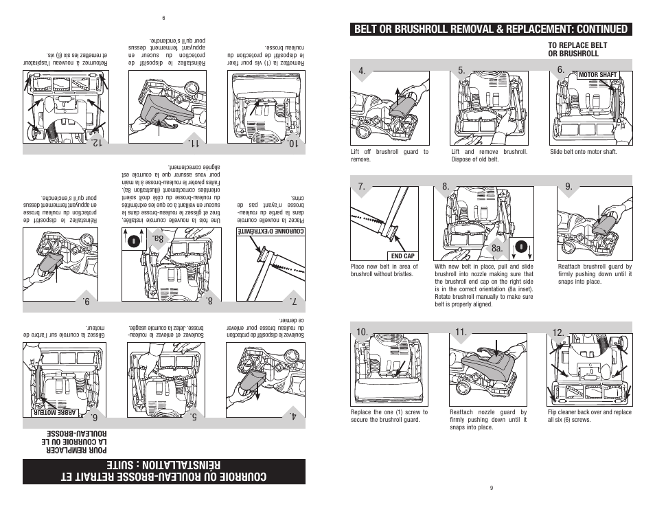 Belt or brushroll removal & replacement: continued | Dirt Devil 1-113217-000 User Manual | Page 9 / 16