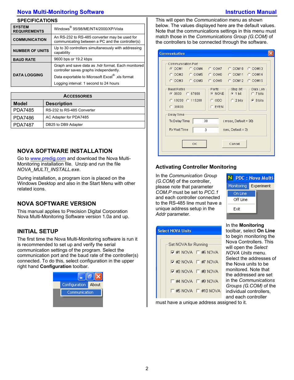 Nova multi-monitoring software instruction manual, Nova software installation, Nova software version | Initial setup | Precision Digital PD562 User Manual | Page 2 / 6