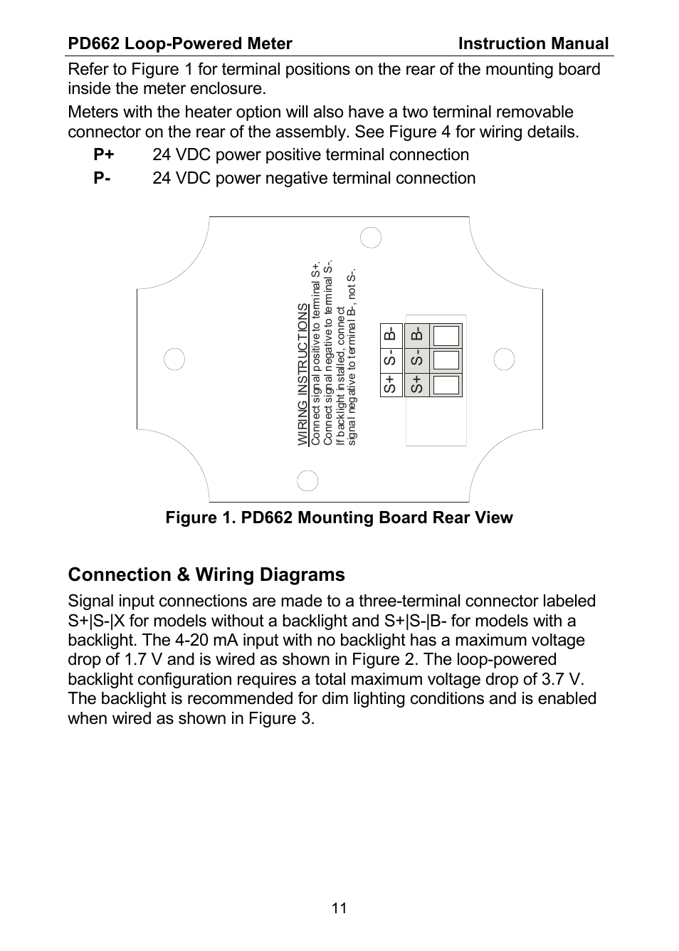 Connection & wiring diagrams, Pd662 loop-powered meter instruction manual, Figure 1. pd662 mounting board rear view | S+ s - b- s+ s - b | Precision Digital PD662 User Manual | Page 11 / 32