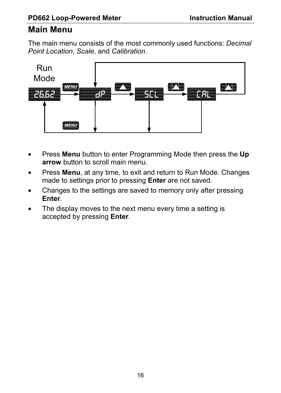 Dp scl cal, Main menu, Run mode | Precision Digital PD662 User Manual | Page 16 / 32
