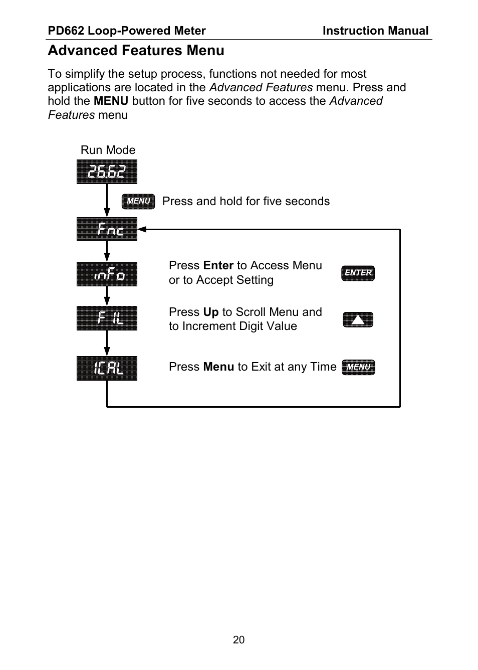Ical fil, Info, Advanced features menu | Precision Digital PD662 User Manual | Page 20 / 32