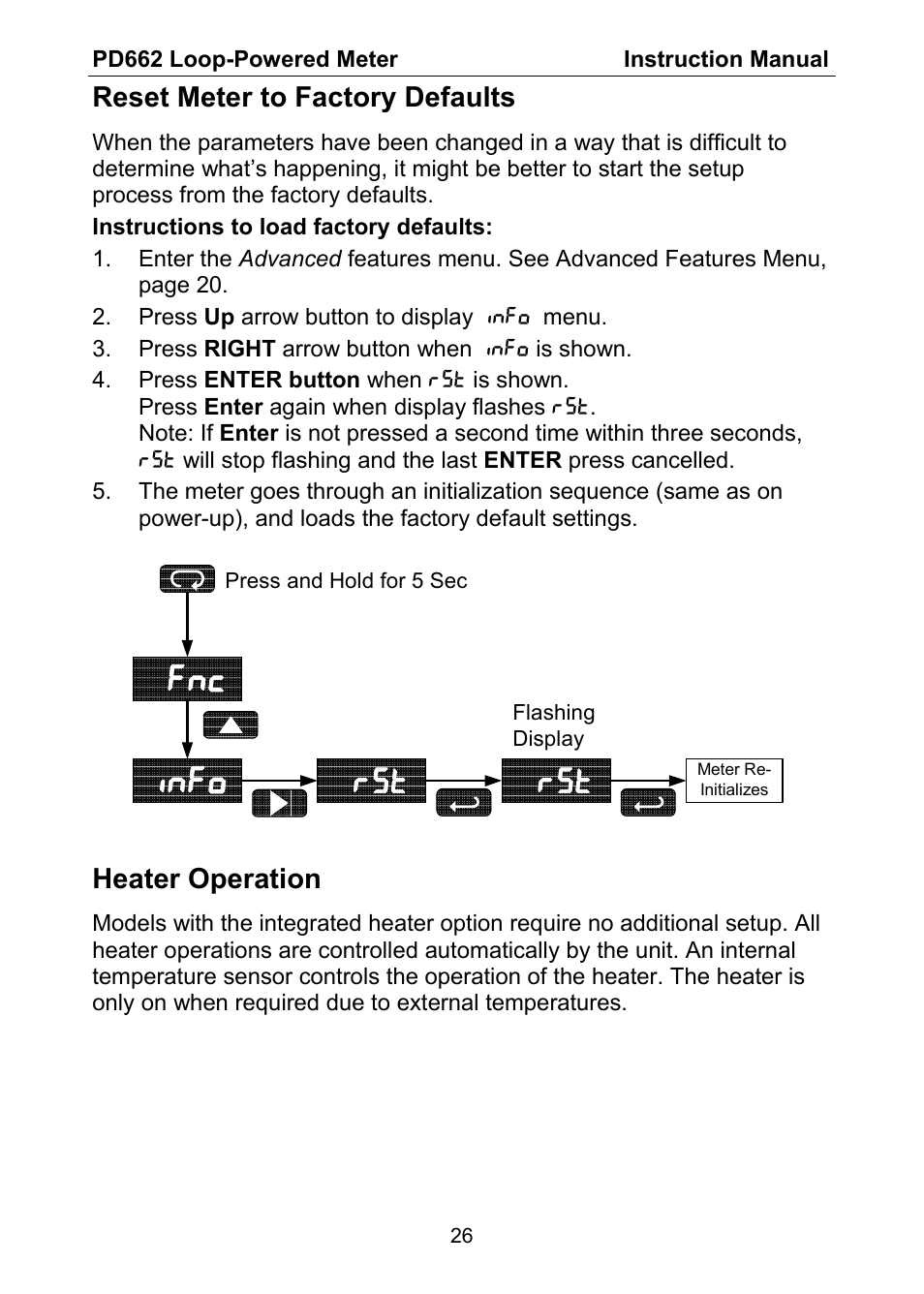 Info, Reset meter to factory defaults, Heater operation | Precision Digital PD662 User Manual | Page 26 / 32