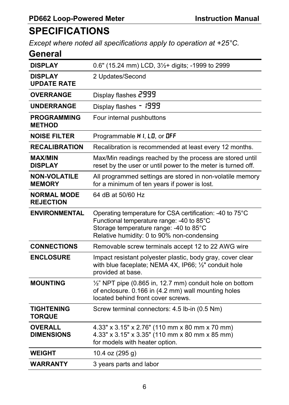 Specifications, General | Precision Digital PD662 User Manual | Page 6 / 32