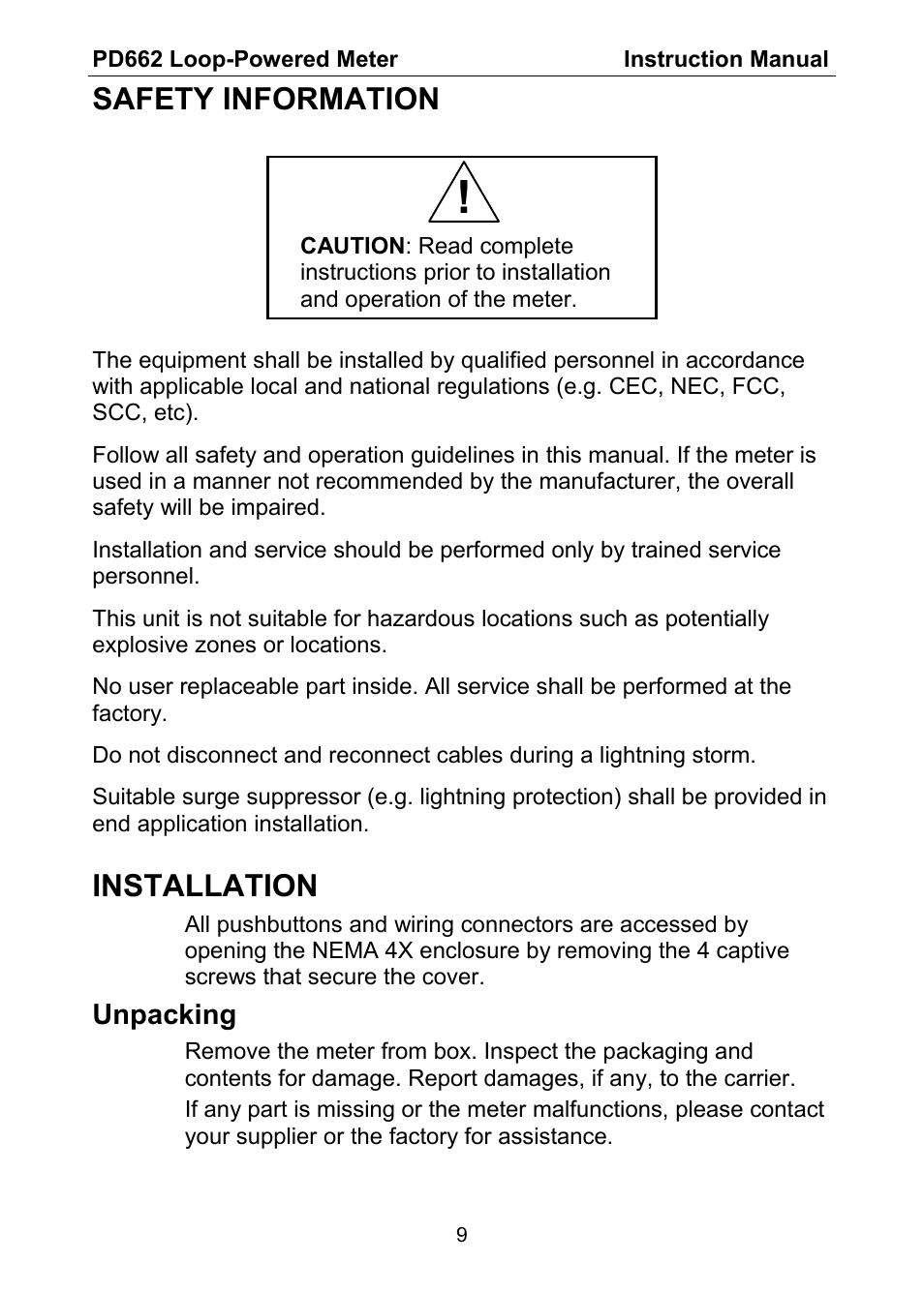 Safety information, Installation, Unpacking | Precision Digital PD662 User Manual | Page 9 / 32