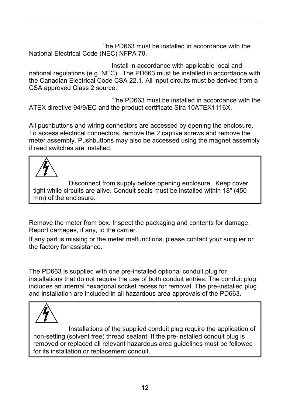 Installation, Unpacking, Pre-installed conduit plug | Precision Digital PD663 User Manual | Page 12 / 36