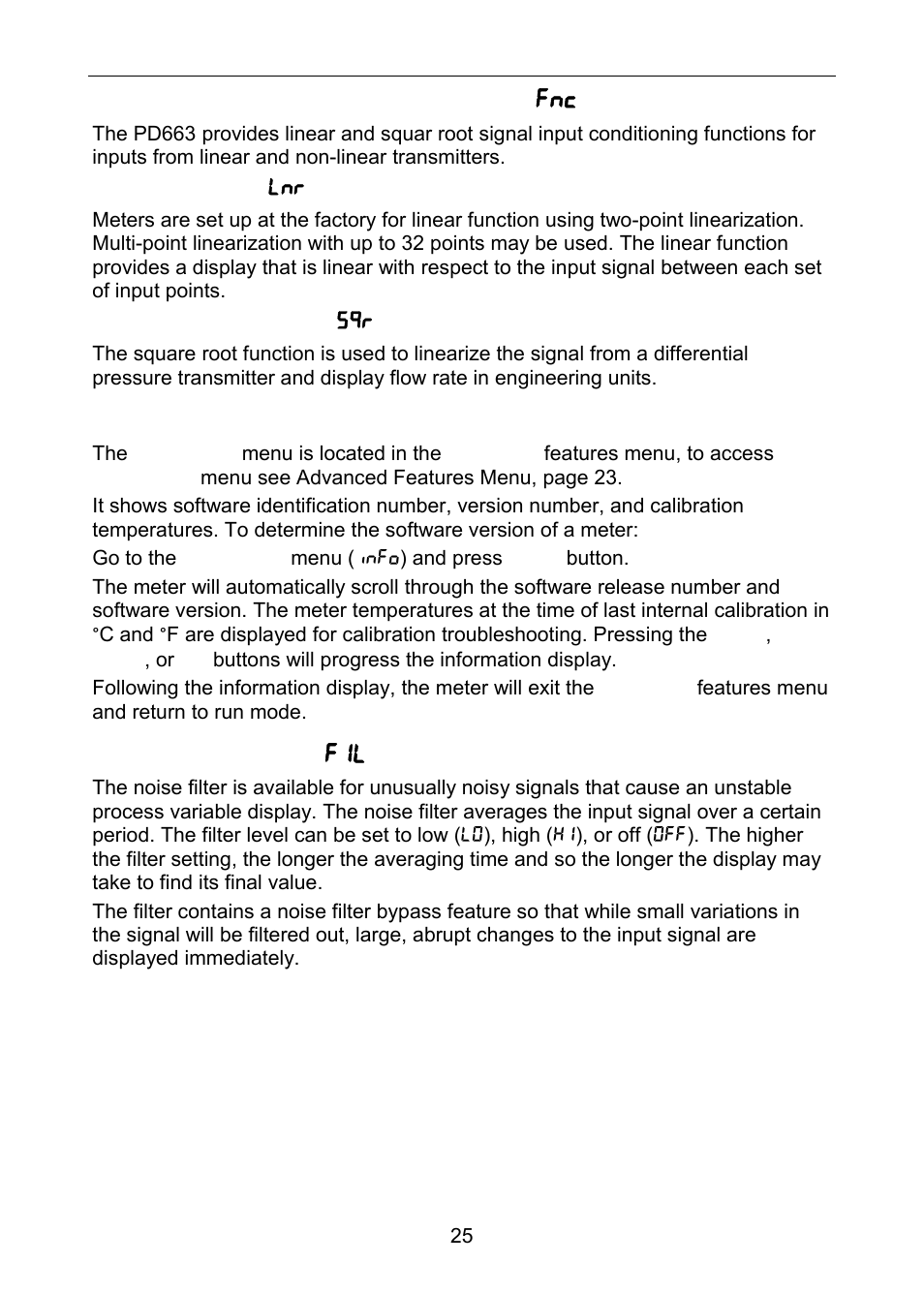 Signal input conditioning function ( fnc ), Information menu (info), Input signal filter ( fil ) | Precision Digital PD663 User Manual | Page 25 / 36