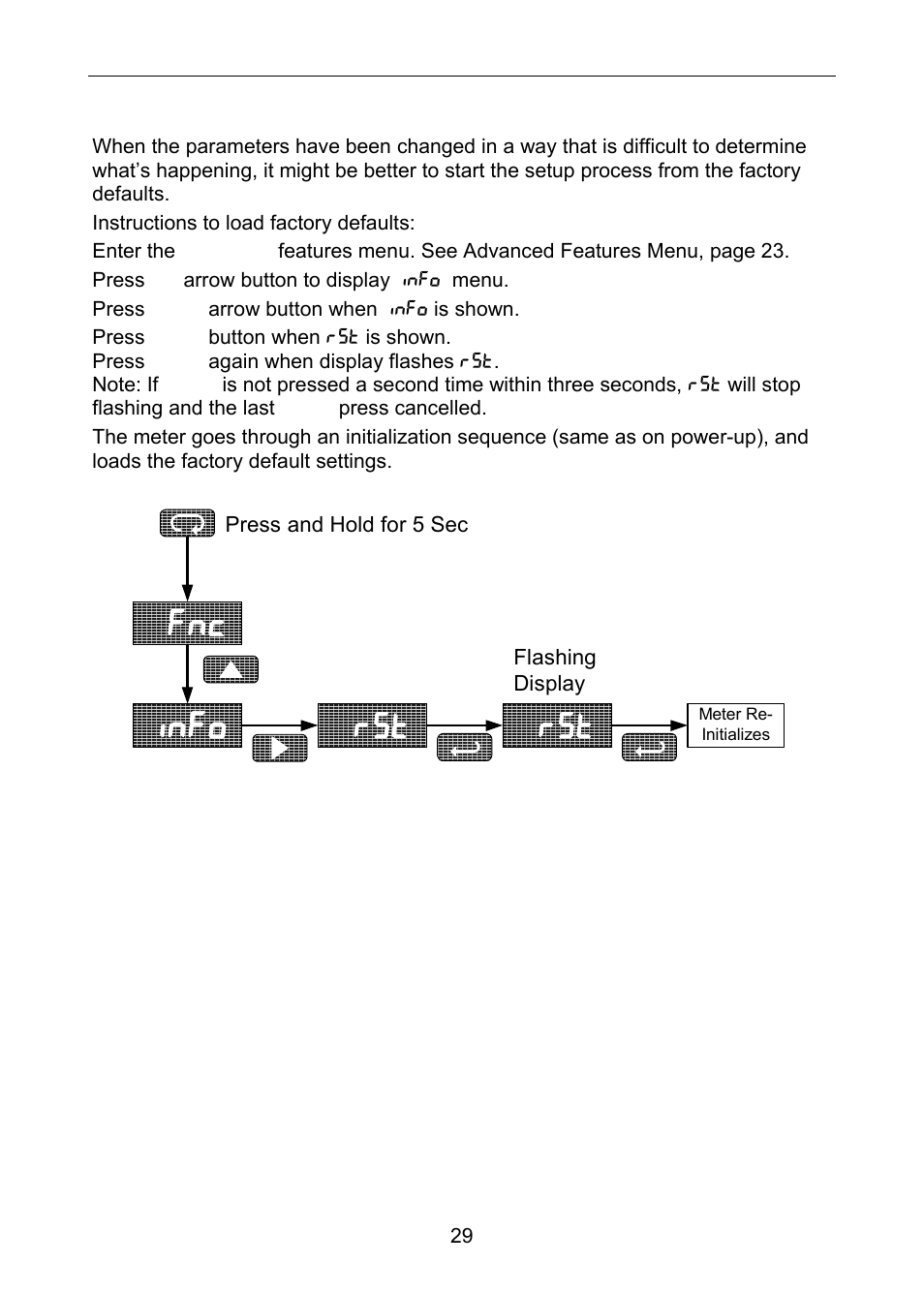 Info, Reset meter to factory defaults | Precision Digital PD663 User Manual | Page 29 / 36