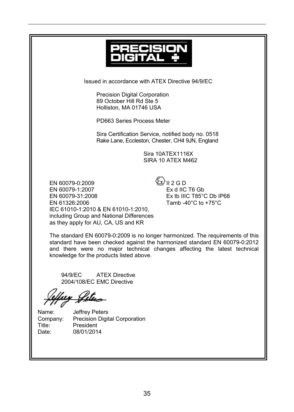 Ec declaration of conformity, Pd663 loop-powered meter instruction manual | Precision Digital PD663 User Manual | Page 35 / 36