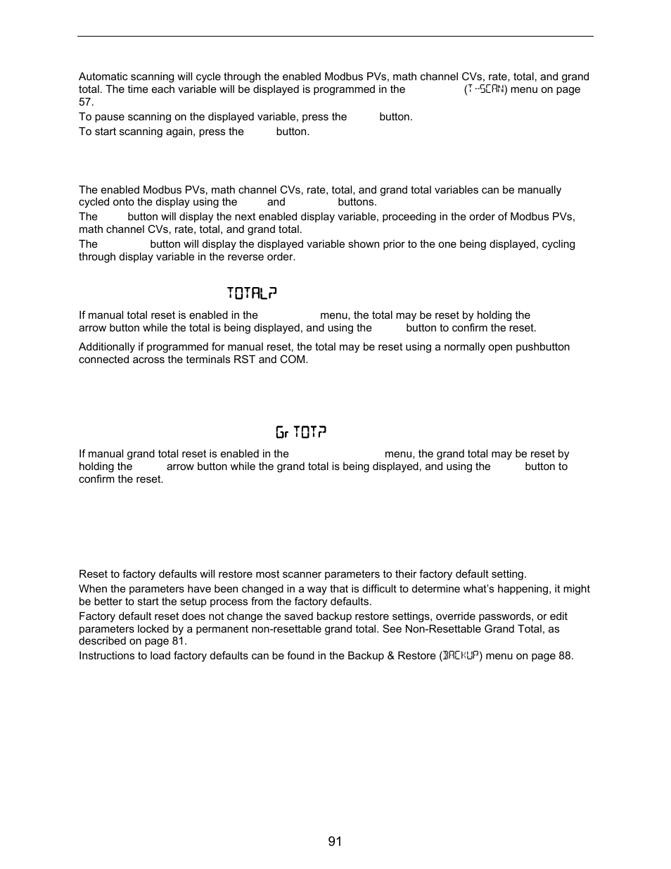 Pause/start automatic scanning, Manual scanning, Resetting the total ( total? ) | Resetting the grand total ( grtot? ), Reset scanner to factory defaults | Precision Digital PD6730X User Manual | Page 91 / 100