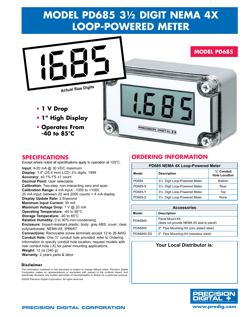 Precision Digital PD685 User Manual | 2 pages