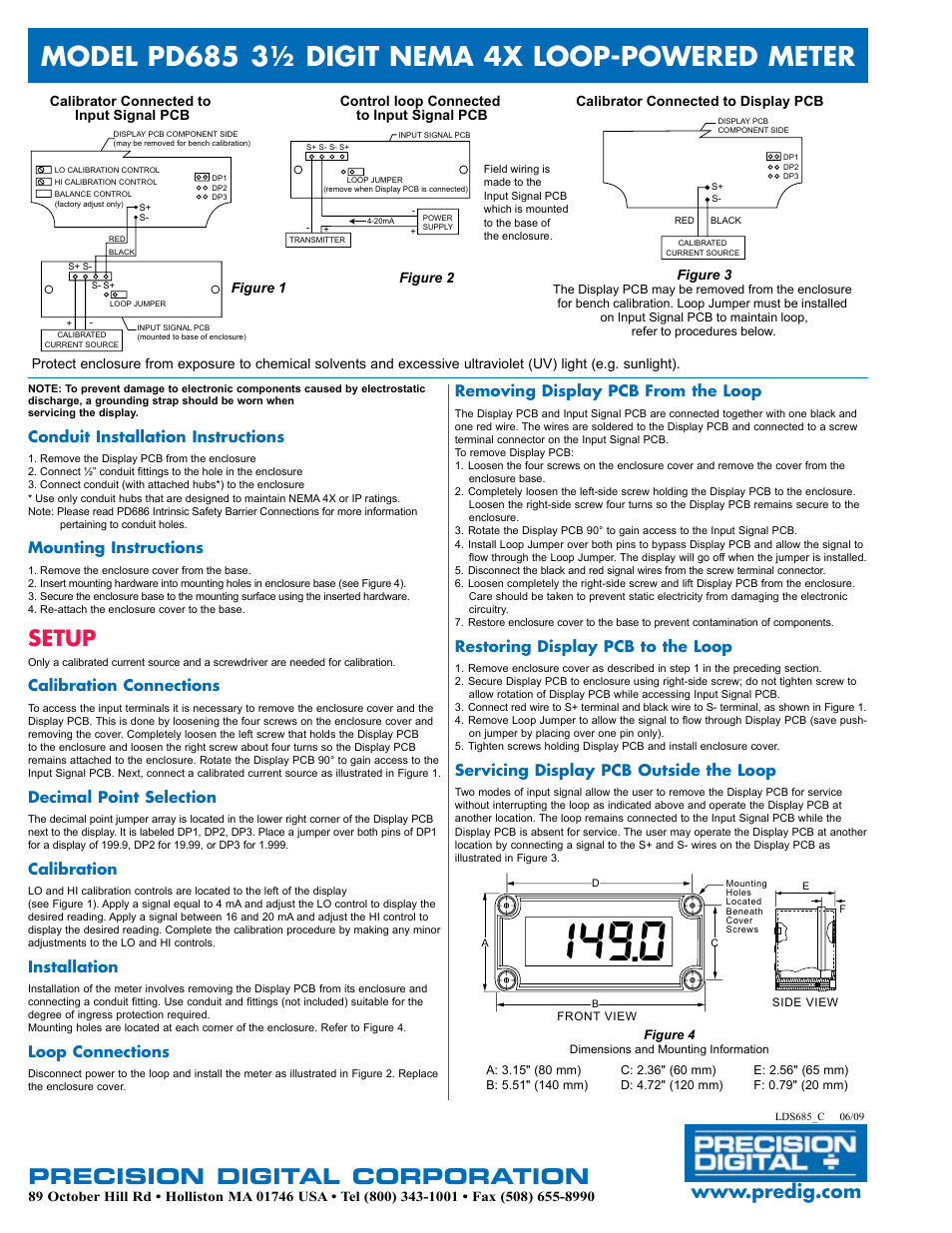Precision digital corporation, Setup, Conduit installation instructions | Mounting instructions, Calibration connections, Decimal point selection, Calibration, Installation, Loop connections, Removing display pcb from the loop | Precision Digital PD685 User Manual | Page 2 / 2