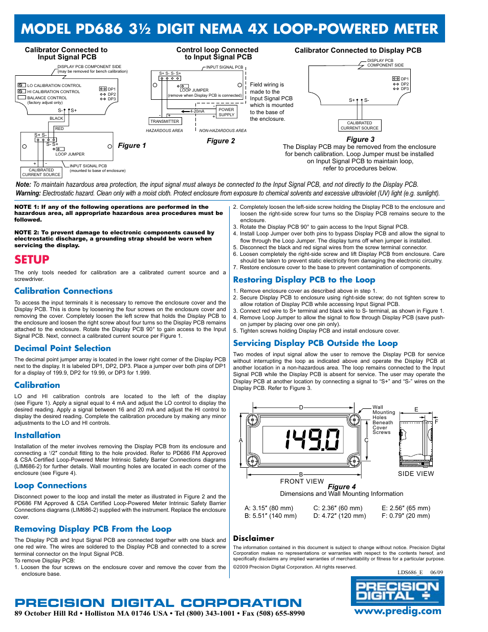 Precision digital corporation, Setup, Calibration connections | Decimal point selection, Calibration, Installation, Loop connections, Removing display pcb from the loop, Restoring display pcb to the loop, Servicing display pcb outside the loop | Precision Digital PD686 User Manual | Page 2 / 2