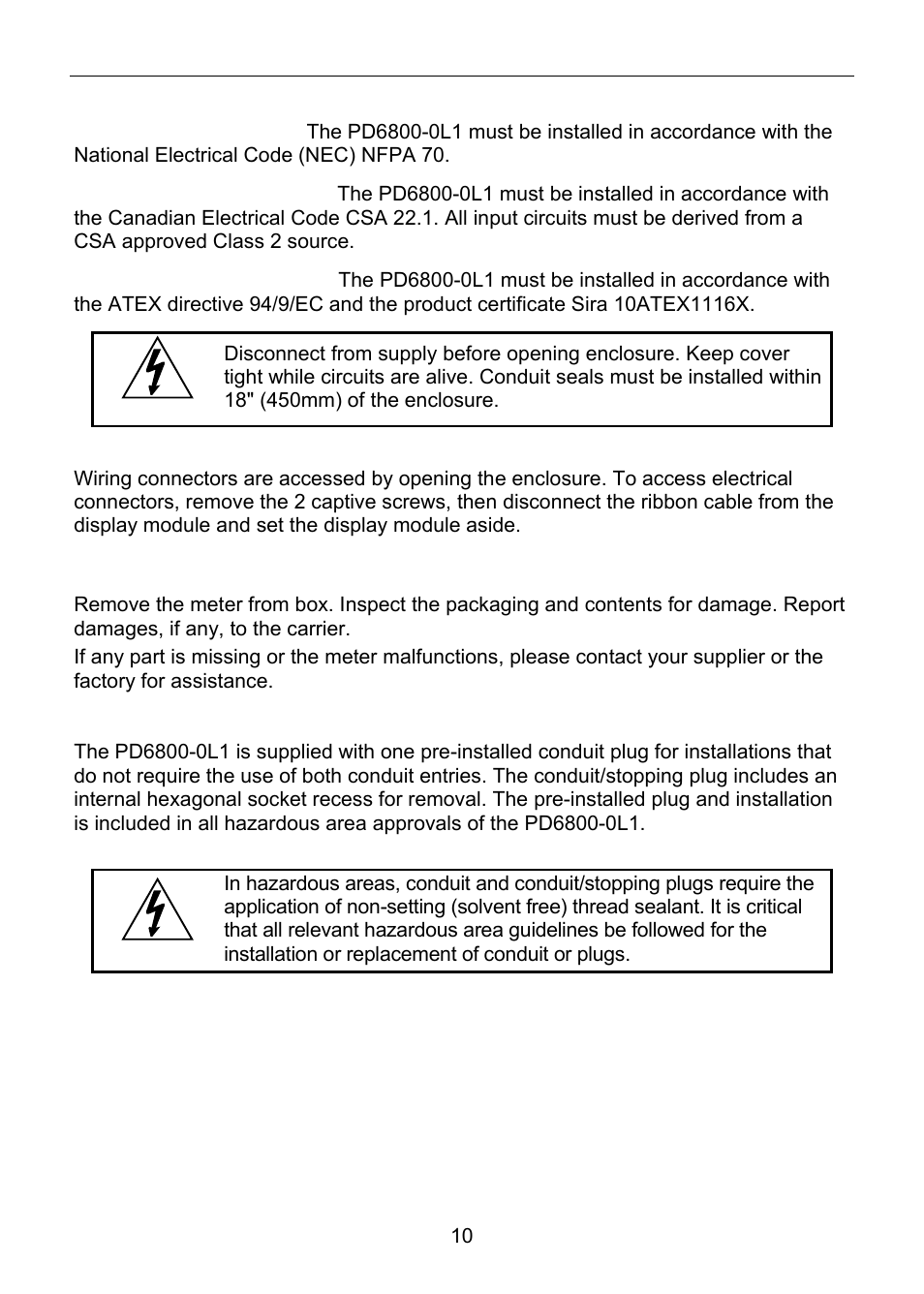 Installation, Unpacking, Pre-installed conduit/stopping plug | Precision Digital PD6800 User Manual | Page 10 / 48