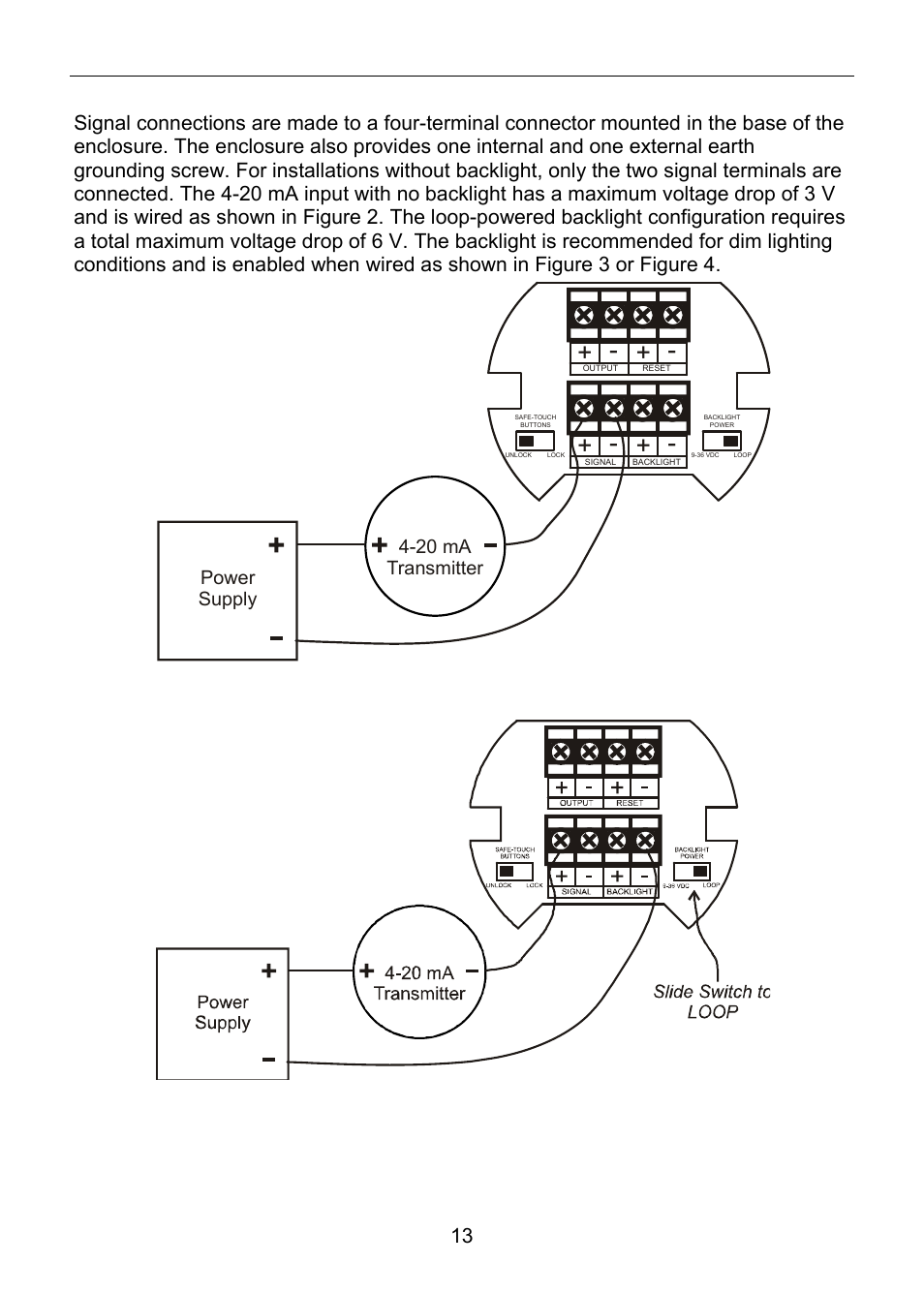 Connections & wiring diagrams, Figure 3. connections with loop-powered backlight | Precision Digital PD6800 User Manual | Page 13 / 48