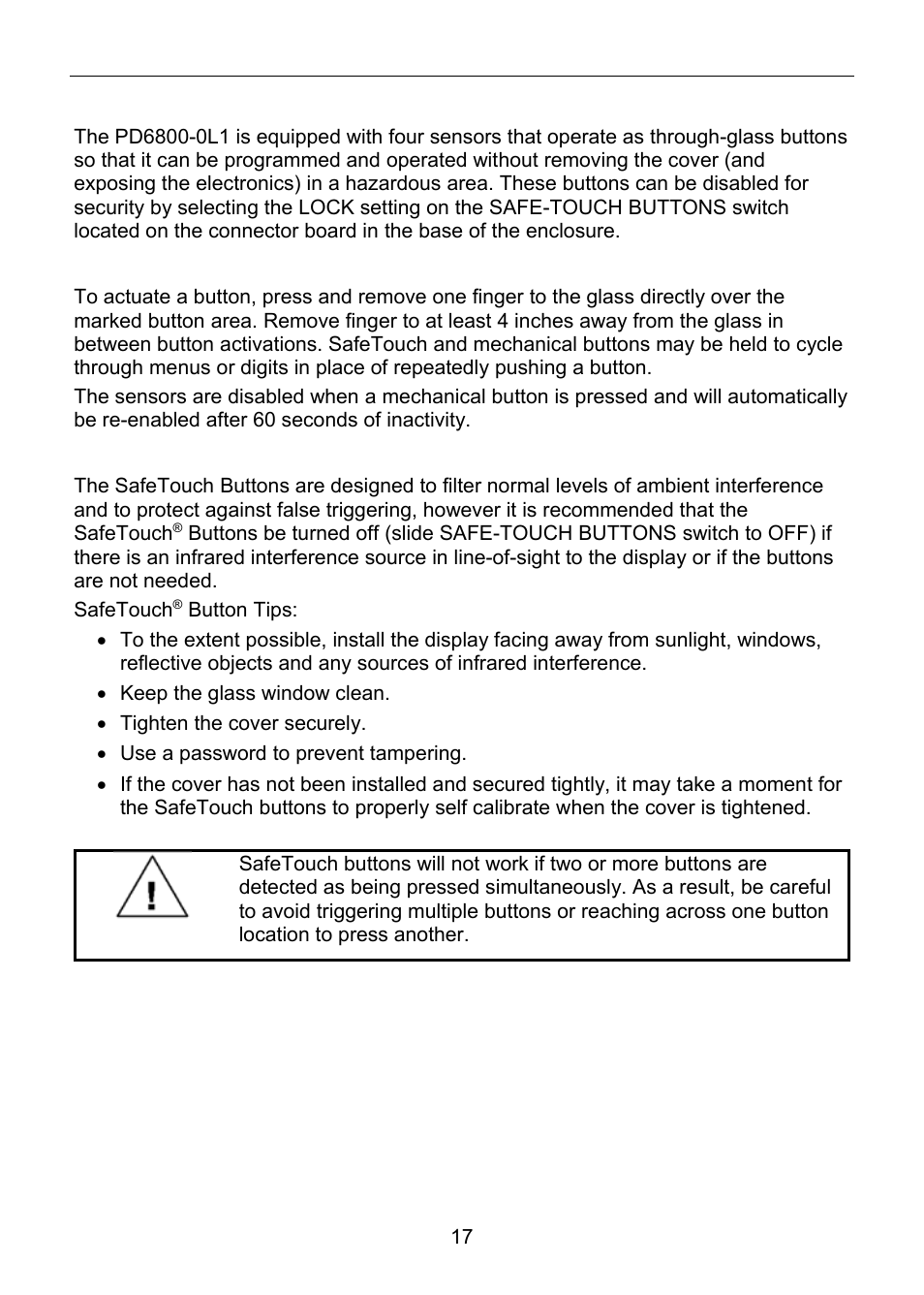 Safetouch, Buttons, Safetouch button operation | Button tips and troubleshooting | Precision Digital PD6800 User Manual | Page 17 / 48