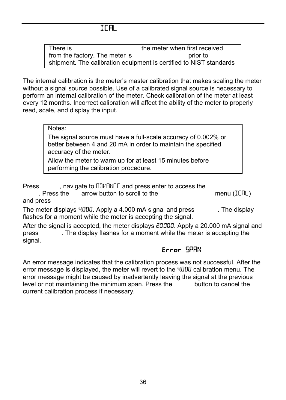 Internal calibration ( ical ) | Precision Digital PD6800 User Manual | Page 36 / 48