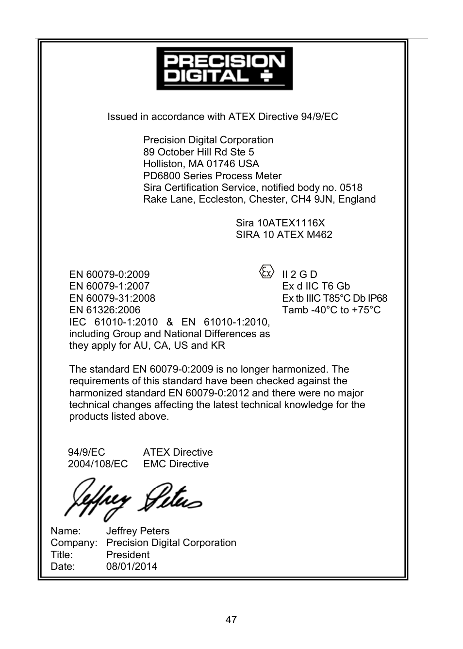 Ec declaration of conformity | Precision Digital PD6800 User Manual | Page 47 / 48