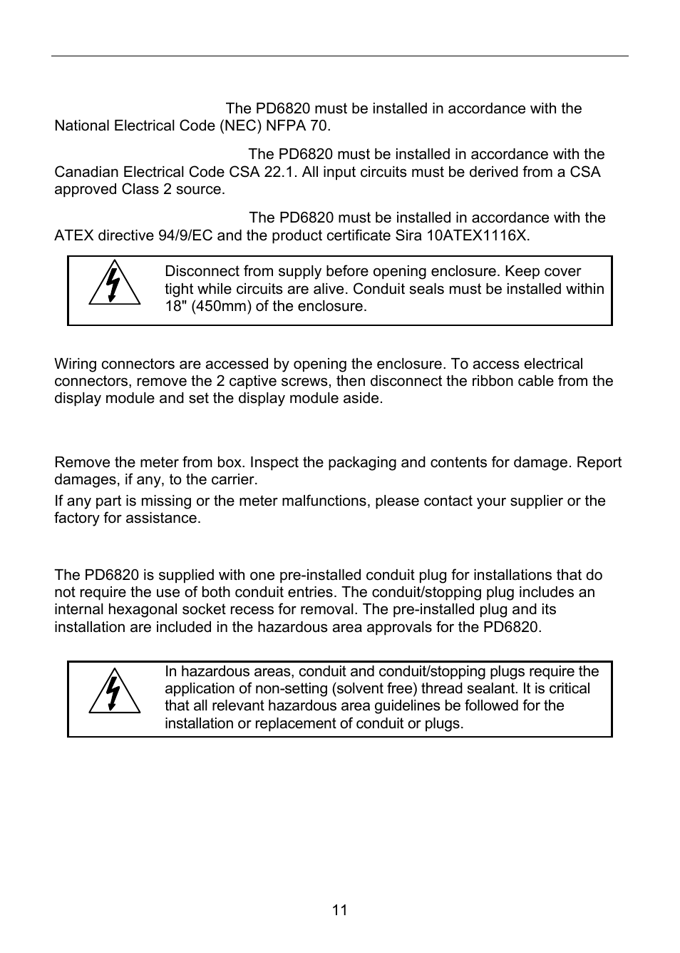 Installation, Unpacking, Pre-installed conduit/stopping plug | Precision Digital PD6820 User Manual | Page 11 / 52