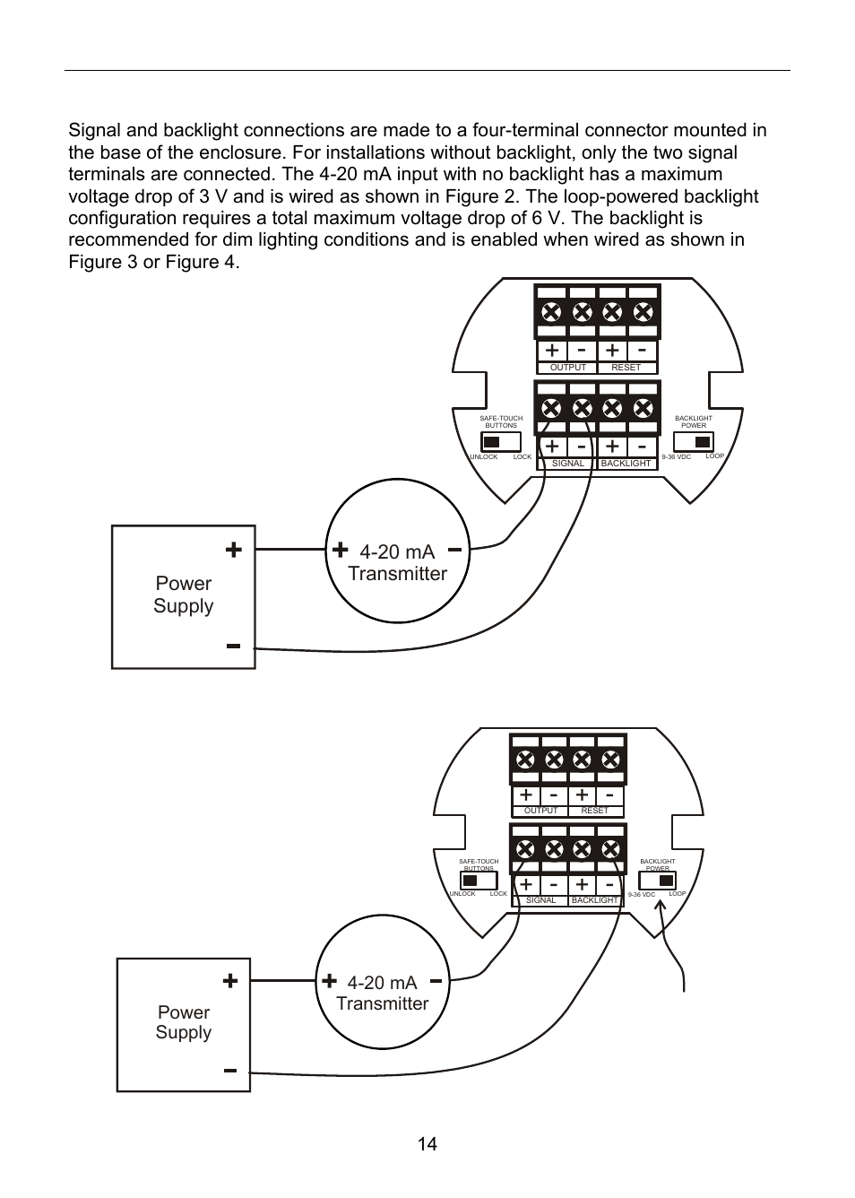 Input signal & backlight connections, 20 ma transmitter power supply, Figure 2. input connections without backlight | Slide switch to loop | Precision Digital PD6820 User Manual | Page 14 / 52