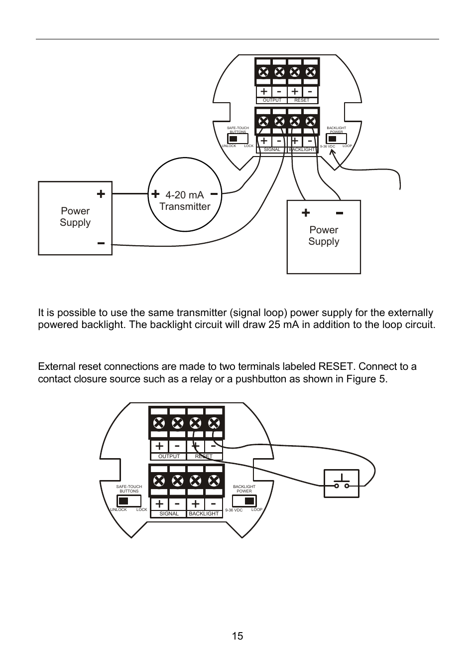 External reset connection, Figure 5. reset connections, 20 ma transmitter power supply | Power supply slide switch to 9-36 vdc | Precision Digital PD6820 User Manual | Page 15 / 52