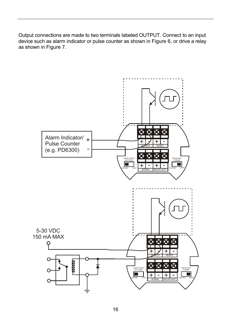 Open collector output connections, Alarm indicator/ pulse counter (e.g. pd6300), Figure 7. output connections | Precision Digital PD6820 User Manual | Page 16 / 52