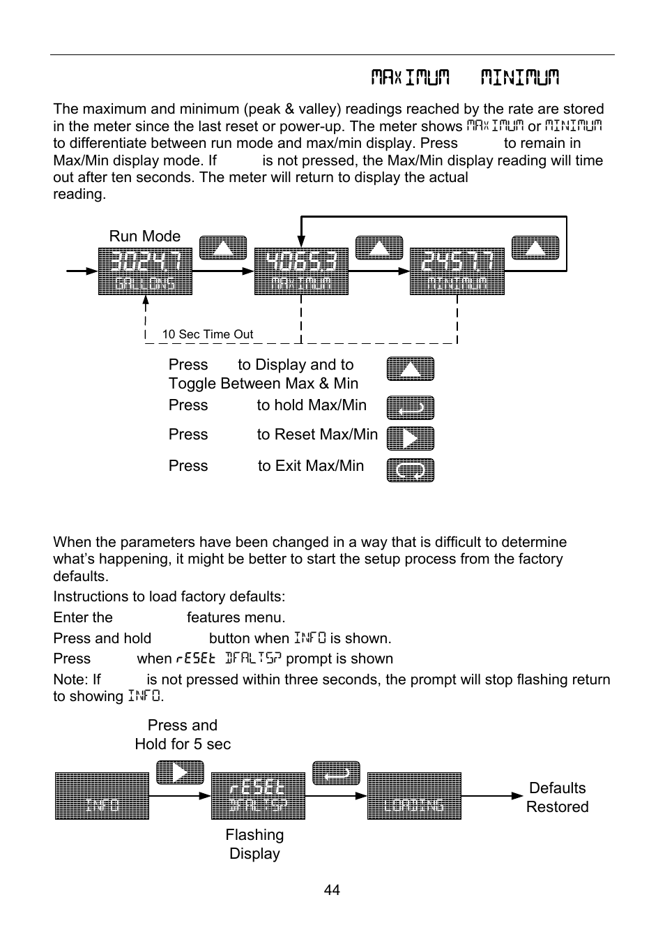 Maximum & minimum readings ( maximum & minimum ), Reset meter to factory defaults, Reset | Precision Digital PD6820 User Manual | Page 44 / 52