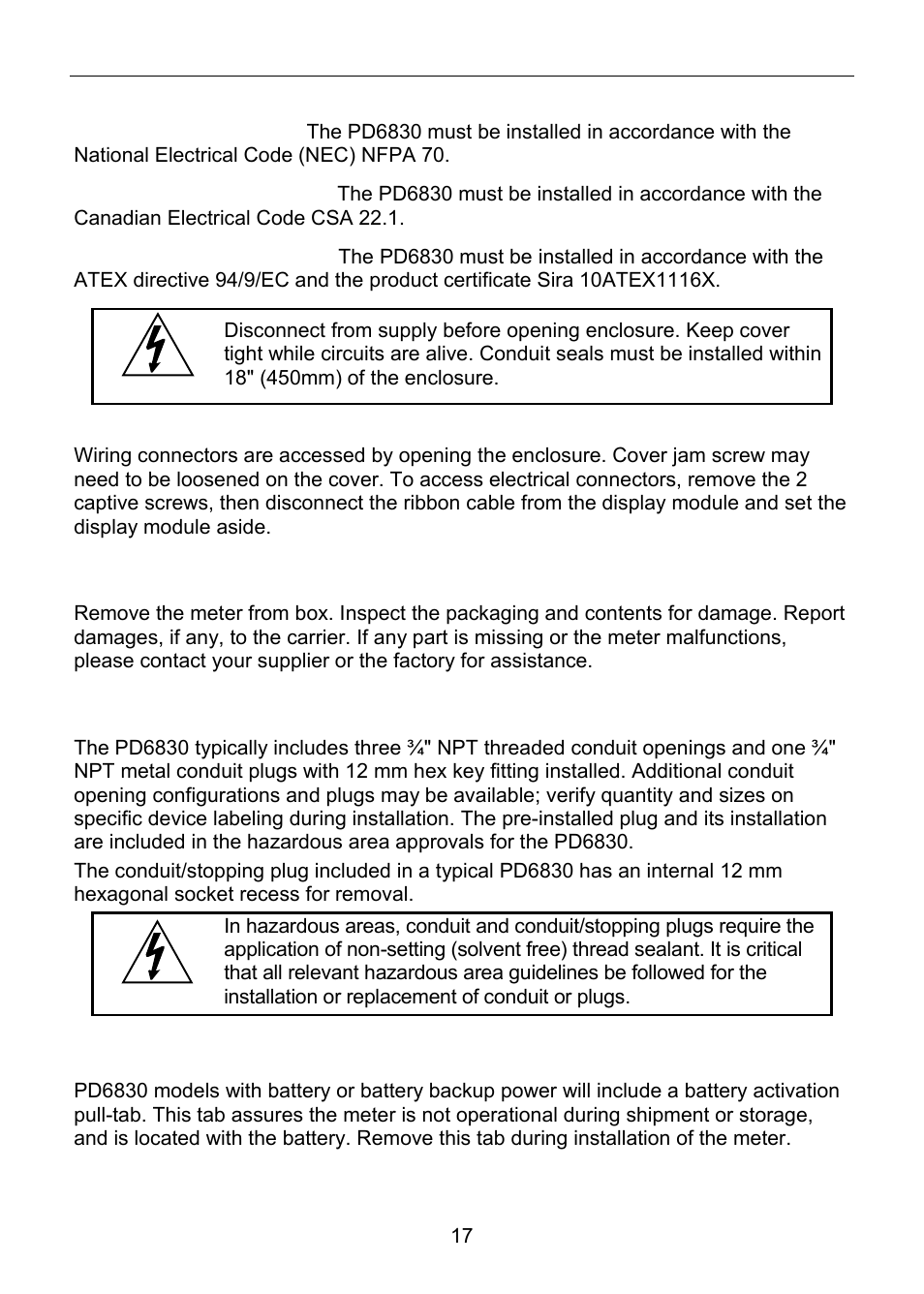 Installation, Unpacking, Pre-installed conduit/stopping plug | Battery activation pull tab | Precision Digital PD6830 User Manual | Page 17 / 100