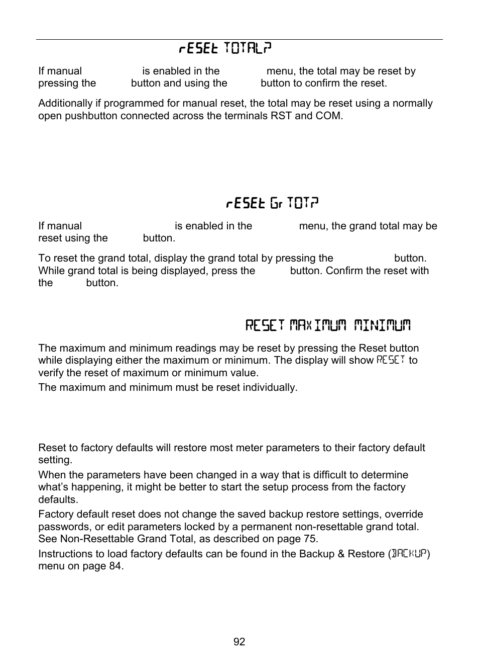 Resetting the total ( reset total? ), Resetting the grand total ( reset grtot? ), Reset meter to factory defaults | Precision Digital PD6830 User Manual | Page 92 / 100