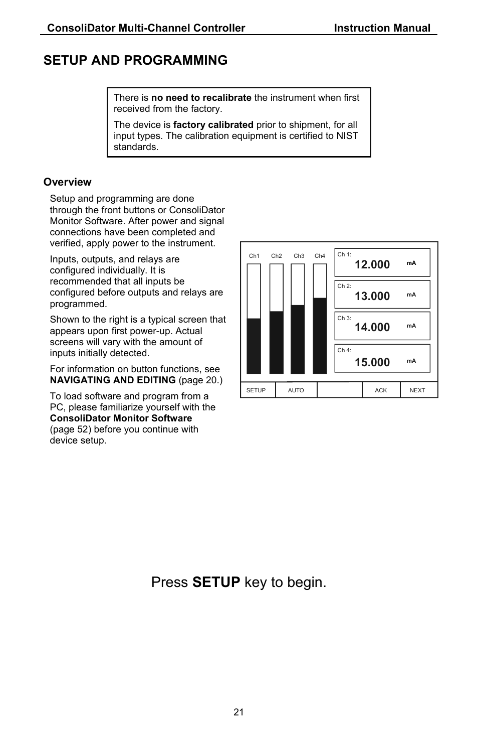 Press setup key to begin, Setup and programming, Overview | Precision Digital PD941 User Manual | Page 21 / 56