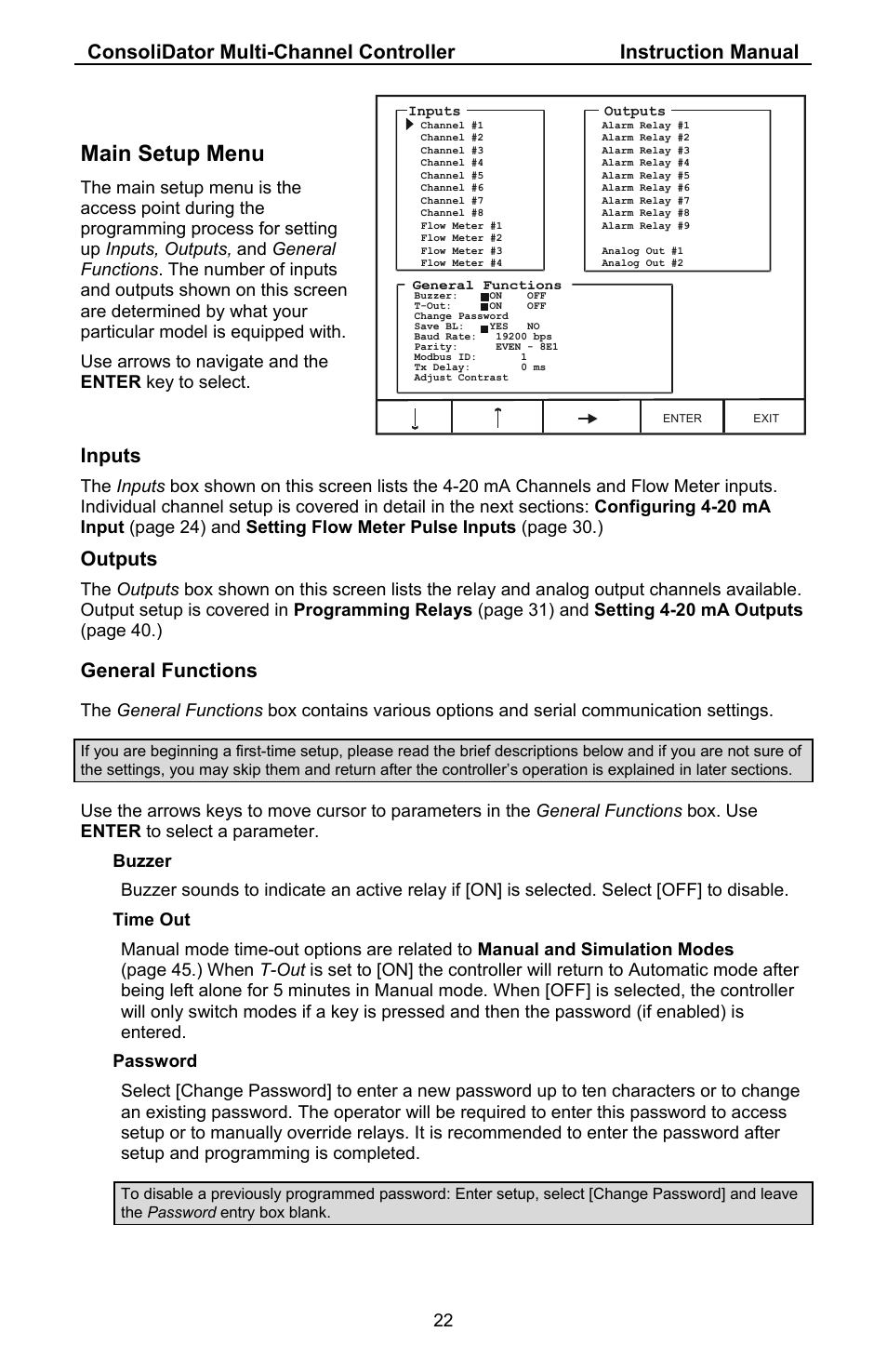 Main setup menu, Inputs, Outputs | General functions | Precision Digital PD941 User Manual | Page 22 / 56