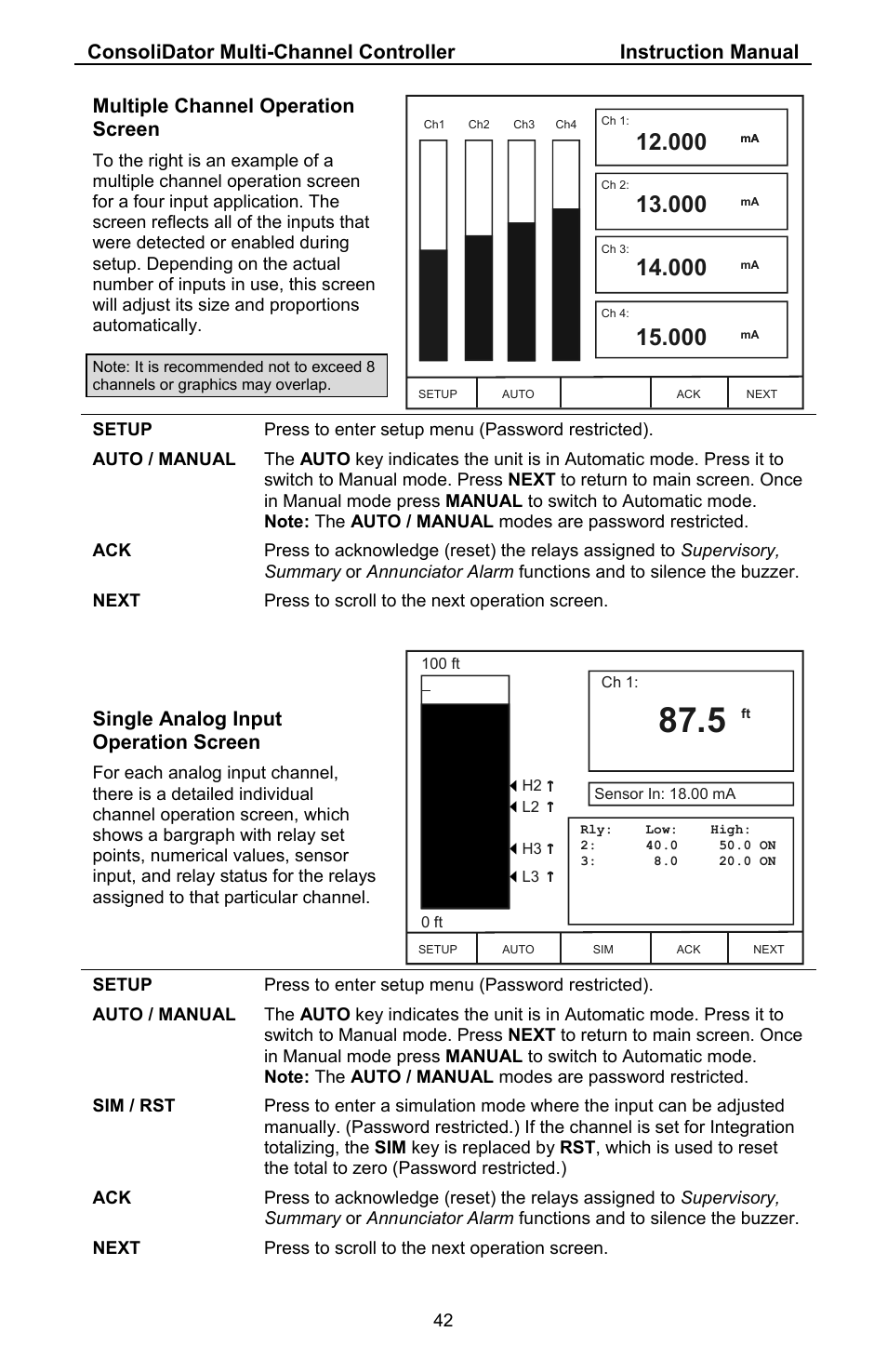 Multiple channel operation screen, Single analog input operation screen | Precision Digital PD941 User Manual | Page 42 / 56