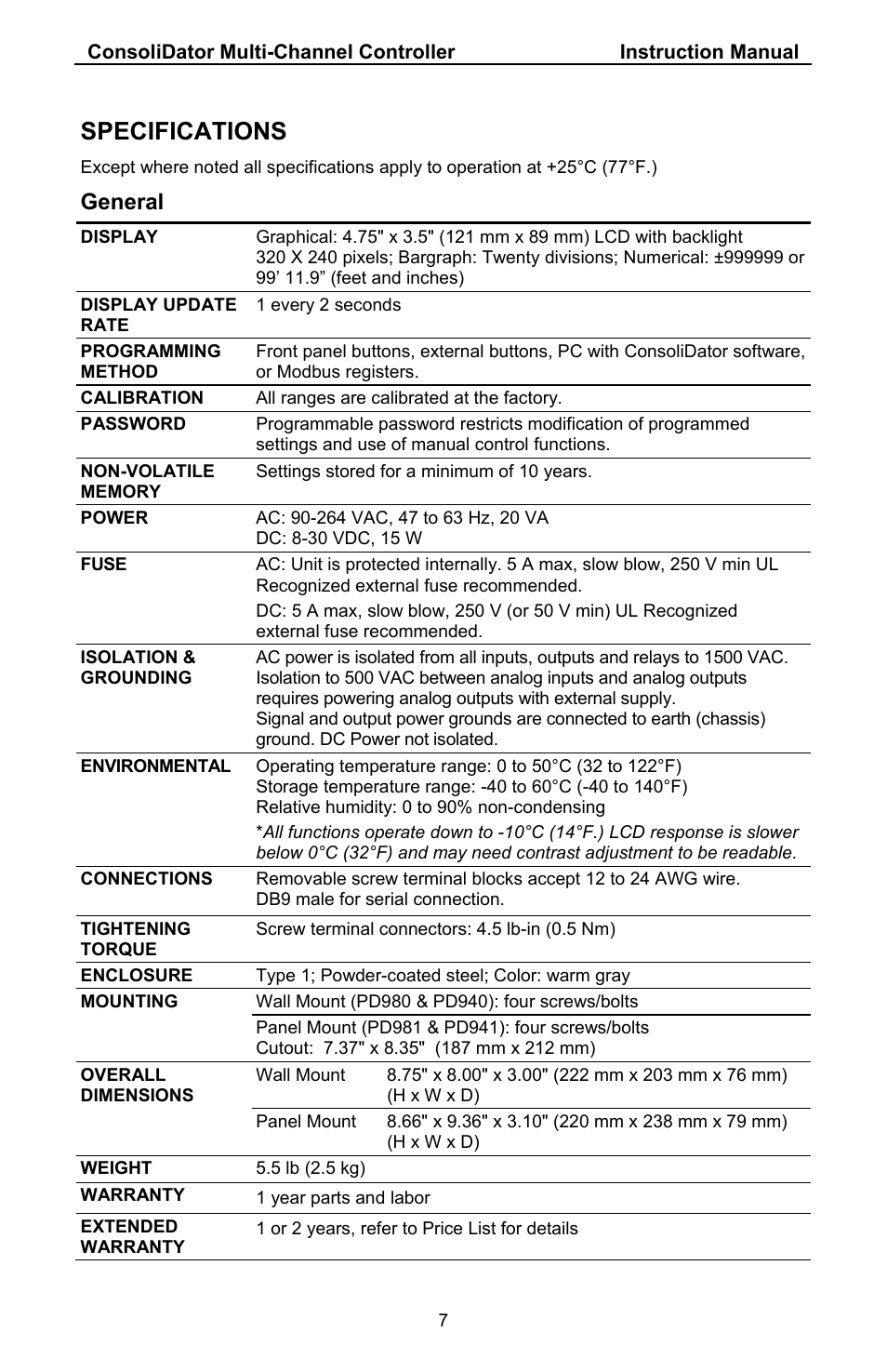 Specifications, General | Precision Digital PD941 User Manual | Page 7 / 56