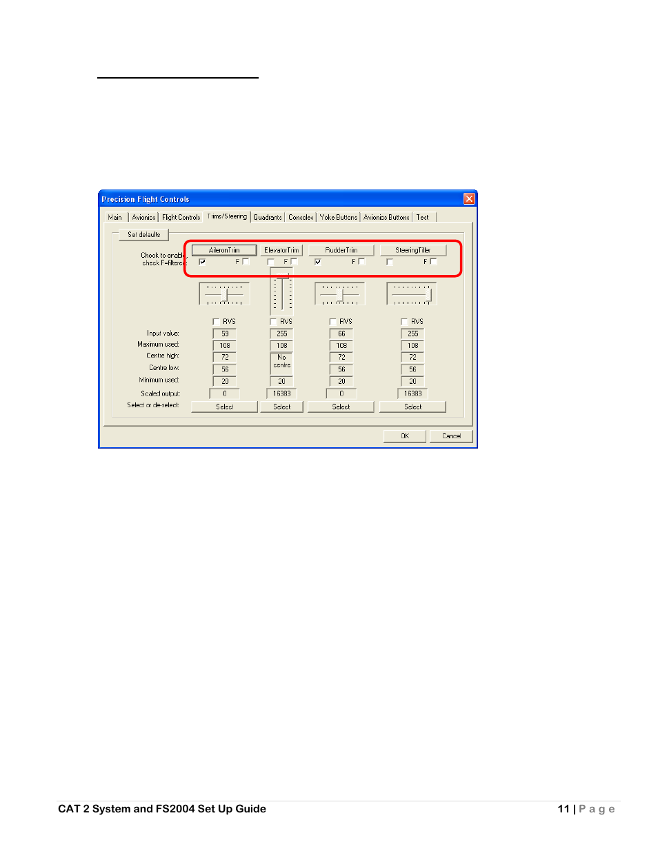 F. enable and calibrate trims, Enable trims | Precision Flight Serial CAT II and Microsoft Flight Simulator 9 (2004) User Manual | Page 11 / 14