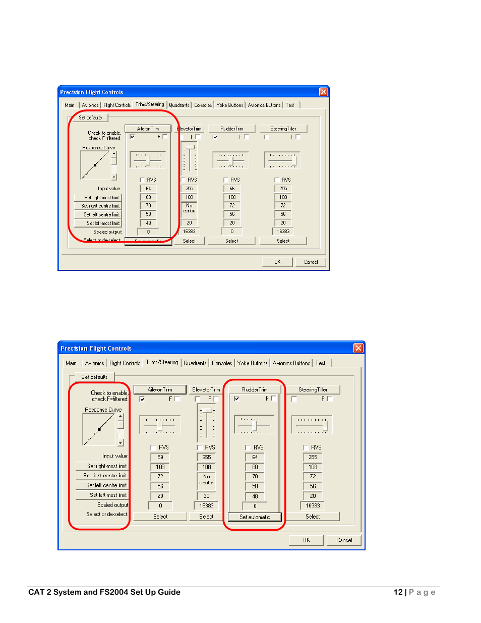 Aileron trim calibration, Rudder trim calibration | Precision Flight Serial CAT II and Microsoft Flight Simulator 9 (2004) User Manual | Page 12 / 14