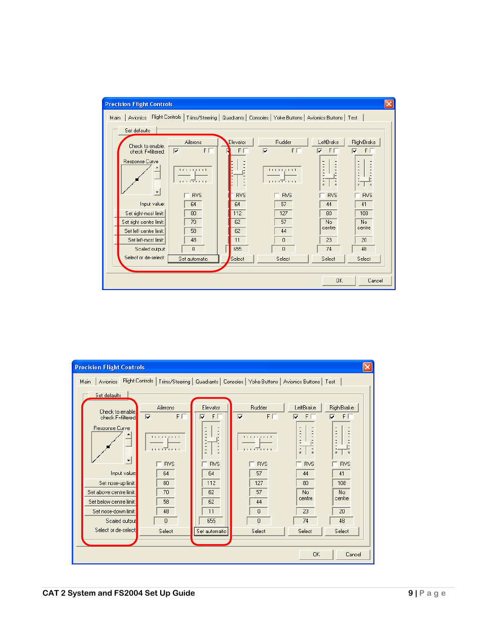 Aileron calibration, Elevator calibration | Precision Flight Serial CAT II and Microsoft Flight Simulator 9 (2004) User Manual | Page 9 / 14