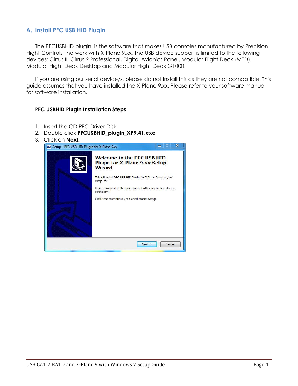 A. install pfc usb hid plugin, Pfc usbhid plugin installation steps | Precision Flight USB CAT II and X-Plane 9 User Manual | Page 4 / 20