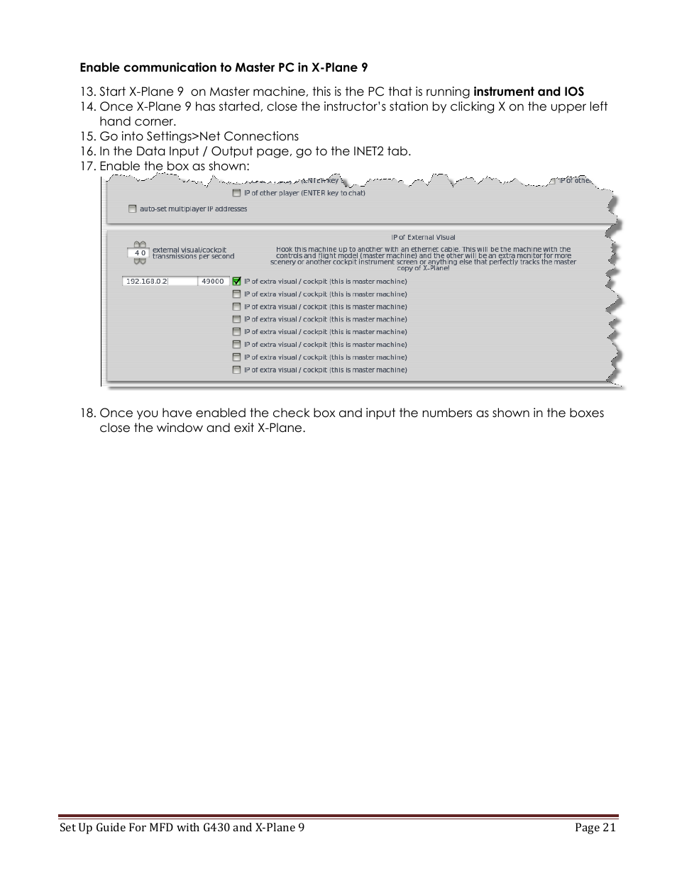 Enable communication to master pc in x-plane 9 | Precision Flight Modular Flight Deck with GNS430 and X-Plane 9 User Manual | Page 21 / 23