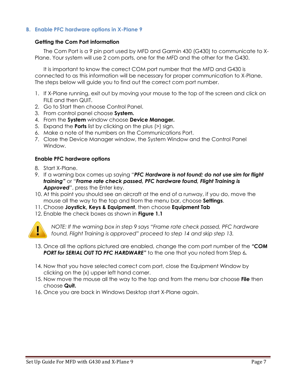 Enable pfc hardware options in x-plane 9, Getting the com port information, Enable pfc hardware options | Precision Flight Modular Flight Deck with GNS430 and X-Plane 9 User Manual | Page 7 / 23