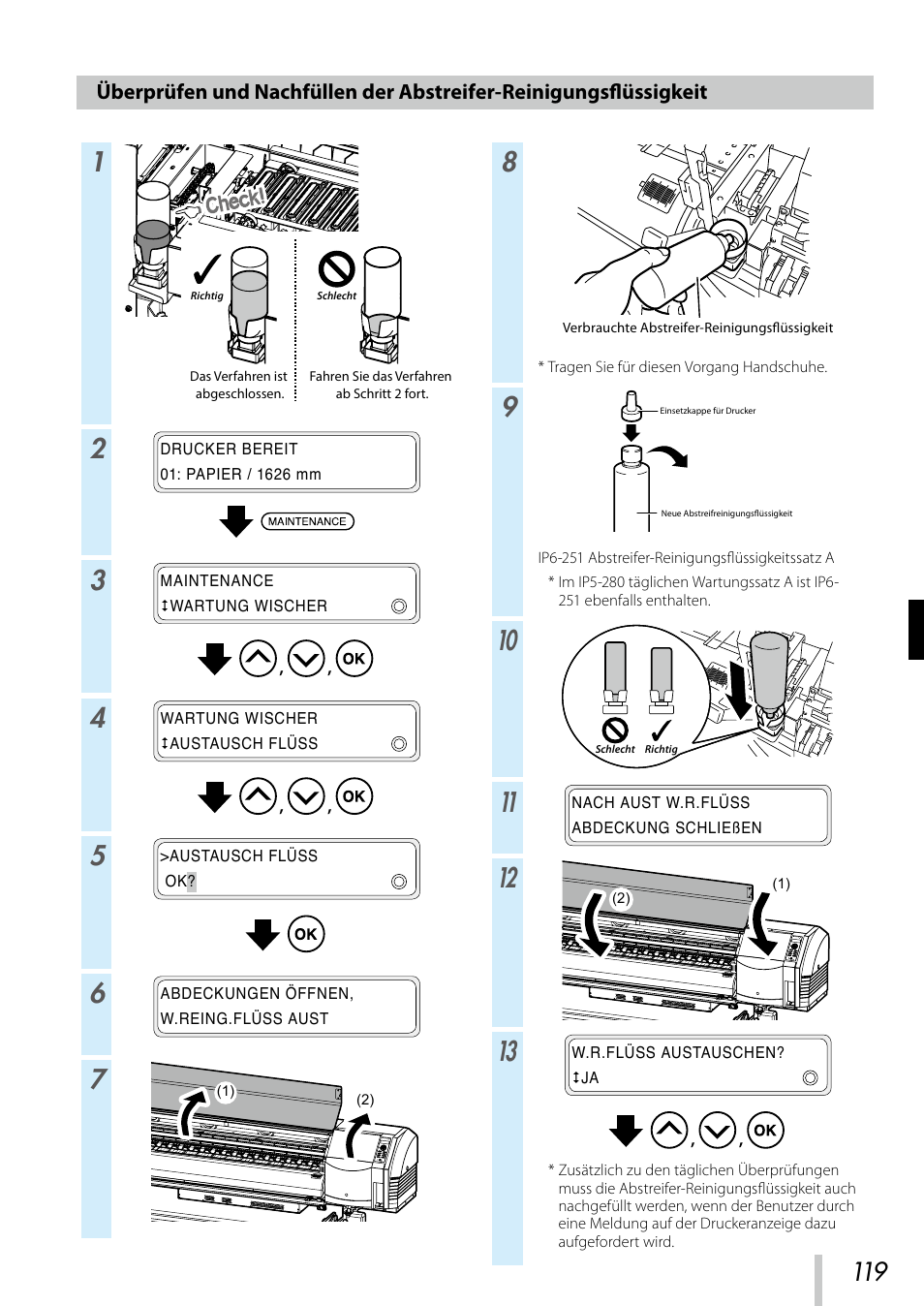Überprüfen und nachfüllen der abstreifer, Reinigungsflüssigkeit | Oki ColorPainter E-64s User Manual | Page 120 / 209