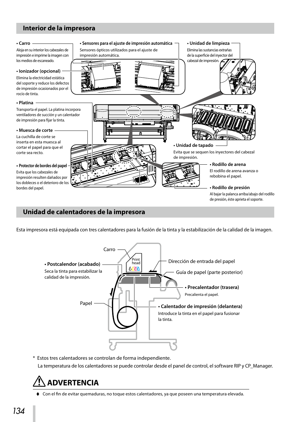 Interior de la impresora, Unidad de calentadores de la impresora, Advertencia | Oki ColorPainter E-64s User Manual | Page 135 / 209