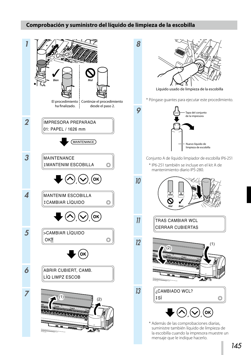 Comprobación y suministro del líquido de, Limpieza de la escobilla | Oki ColorPainter E-64s User Manual | Page 146 / 209