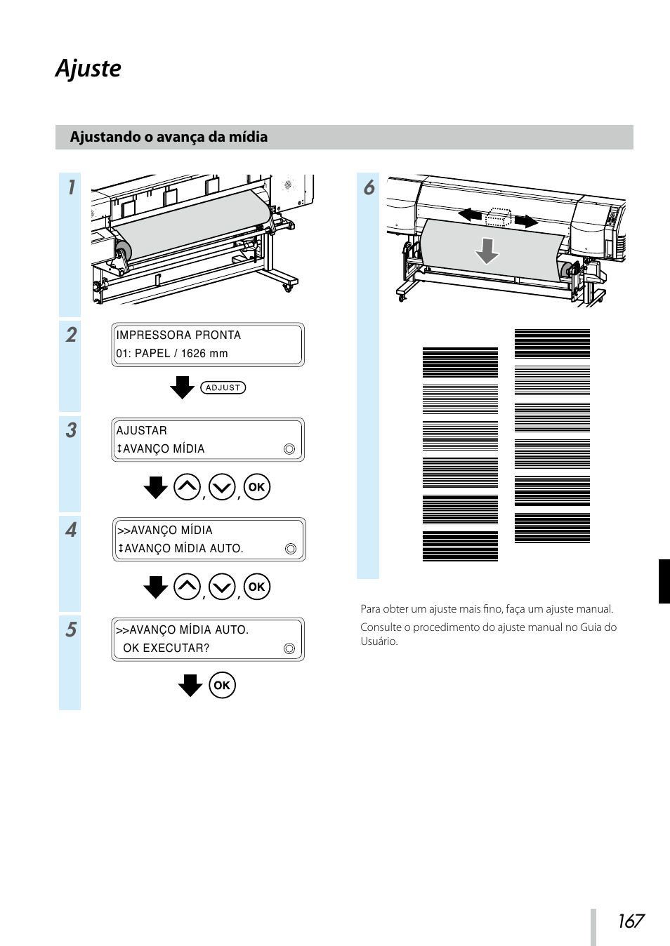 Ajuste, Ajustando o avança da mídia | Oki ColorPainter E-64s User Manual | Page 168 / 209