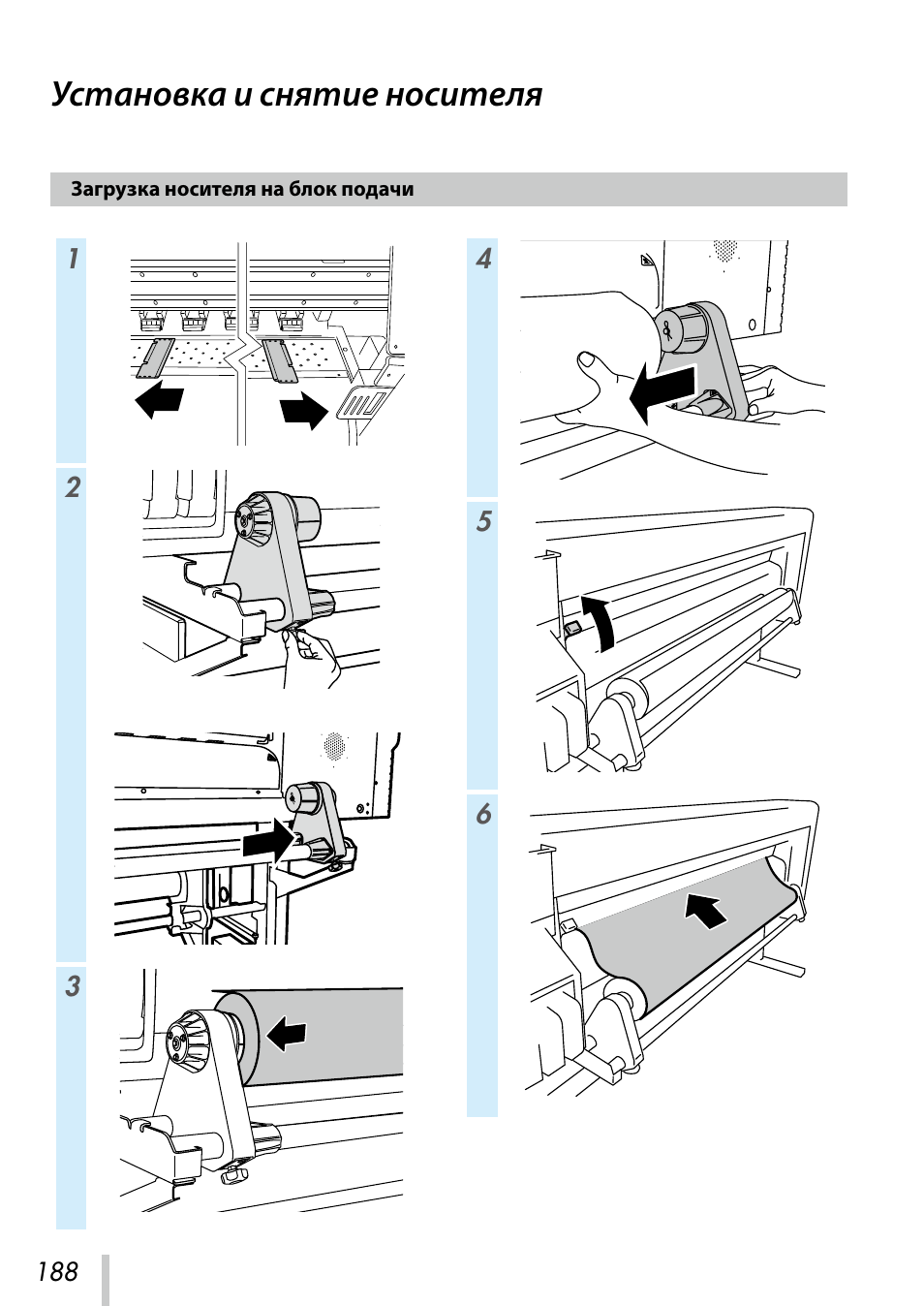 Установка и снятие носителя, Загрузка носителя на блок подачи | Oki ColorPainter E-64s User Manual | Page 189 / 209
